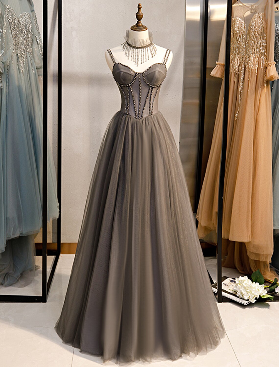 Wholesale  A-Line Prom Dresses Open Back Dress Formal Wedding Party Floor Length Sleeveless Spaghetti Strap Tulle with Pleats Crystals